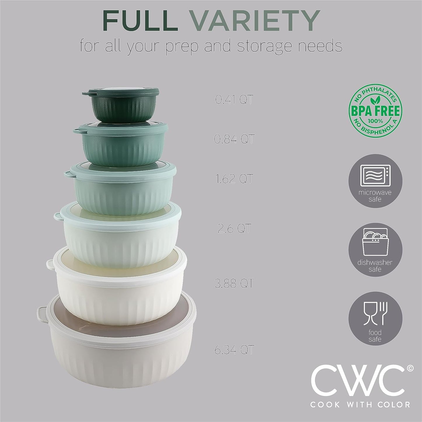 COOK WITH COLOR Prep Bowls with Lids- Wide and Deep Nesting Plastic Small Mixing Bowl Set with Lids, 12 Piece Set - Wide Bowls, Green