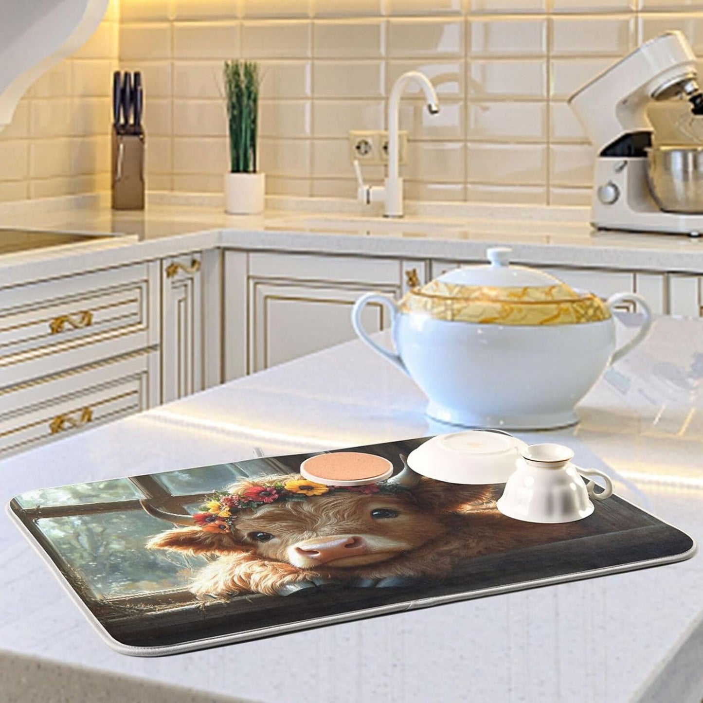 Cute Highland Cow with Flowers Dish Drying Mat for Kitchen Counter Super Absorbent Dishes Pad Reversible Microfiber Protector Dish Draining Mats 16x18 inch