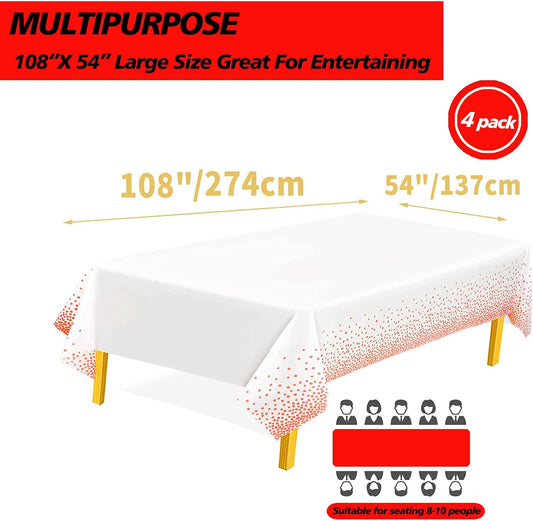 White Plastic Table Cloth 4 Pack Disposable Plastic Table Cloth Party Table Cover Red Dot Party Table Clothes for Baby Shower Gender Reveal Birthday Party Decorations 54" X 108" (White 4 Pack)