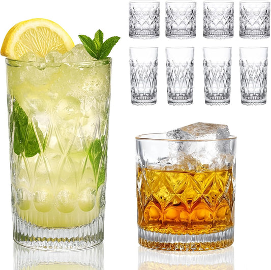 YULEER Drinking Glasses Set of 8, Glassware Drink Set, 4pcs 12oz Highballs and 4pcs 10oz Whiskey Glasses, Crystal Glass Cups Dishwasher Safe for Juice, Cocktail, Beer, and other Beverages