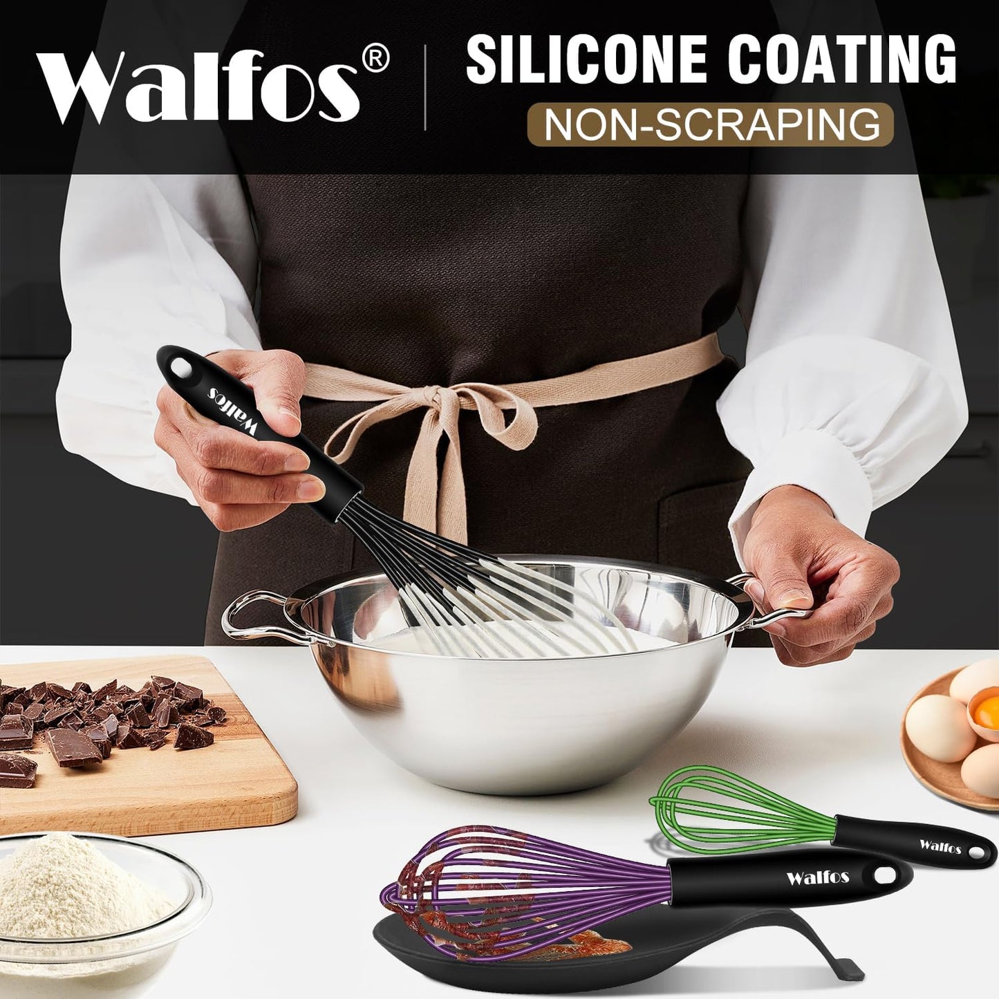 Walfos Silicone Whisk With 8in Rest,Whisks for Cooking Non Scratch,7.5+9+11in Whisk for Nonstick Cookware,Dishwasher Safe,Rest for Kitchen Counter Wisk Perfect for Blending, Baking, Beating, Set of 4