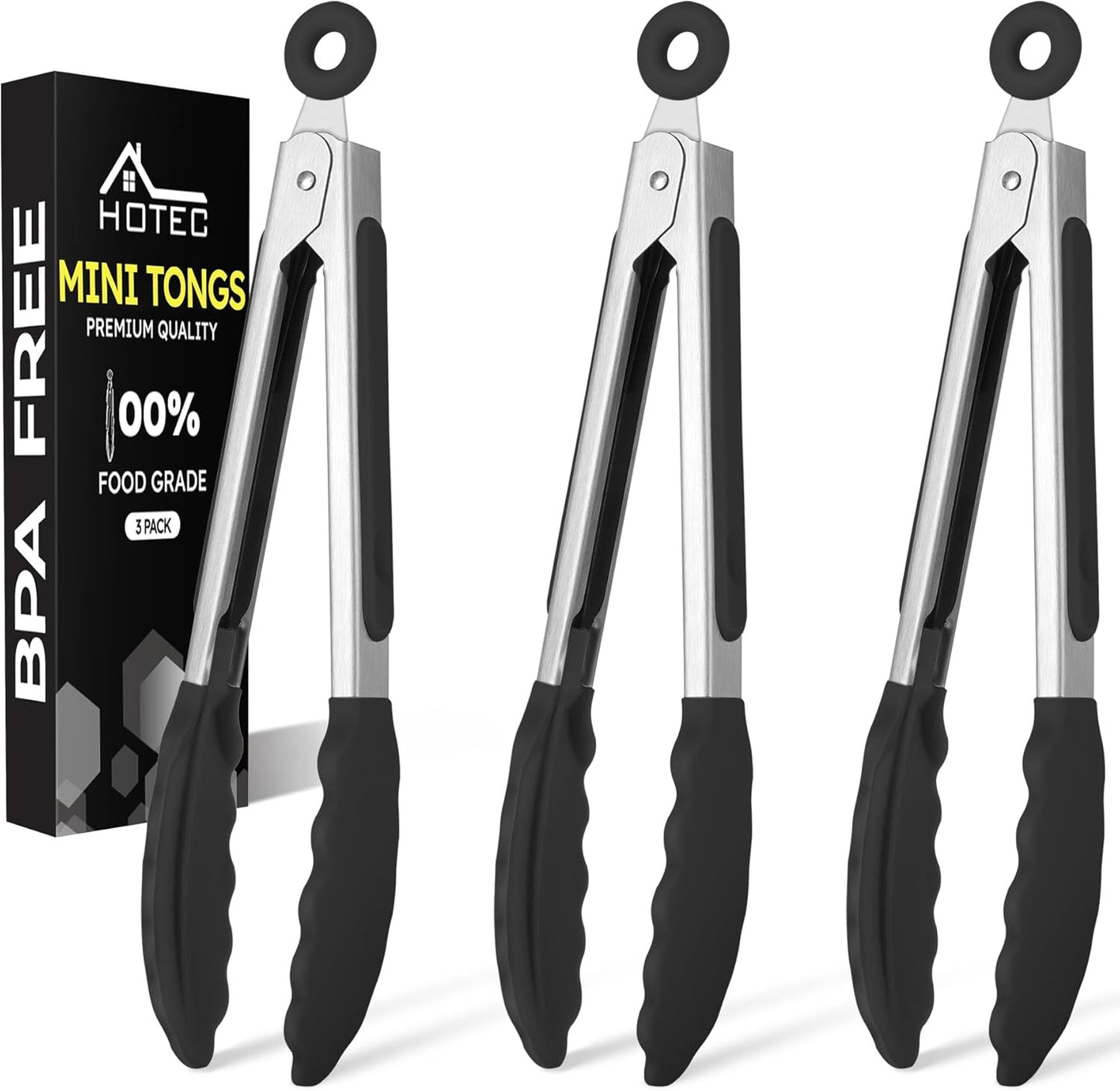 Hotec Mini Silicone Kitchen Tongs for Cooking - 7-Inch Small Serving Tongs with Silicone Tips, Set of 3 (Black)