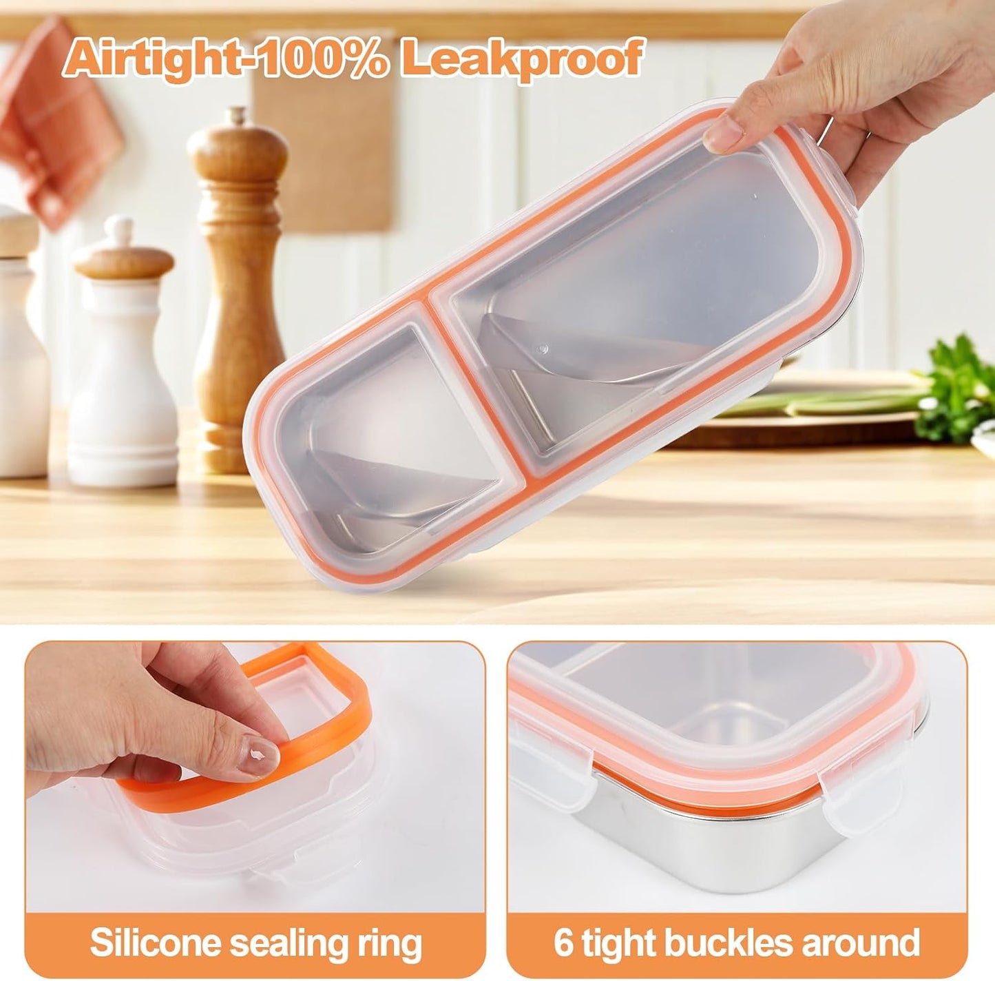 Stainless Steel Snack Containers with Lids, Double Compartment Leakproof Reusable Snack Box for Nuts, Fruits- Divided Grab & Go Container for School, Office, Travel