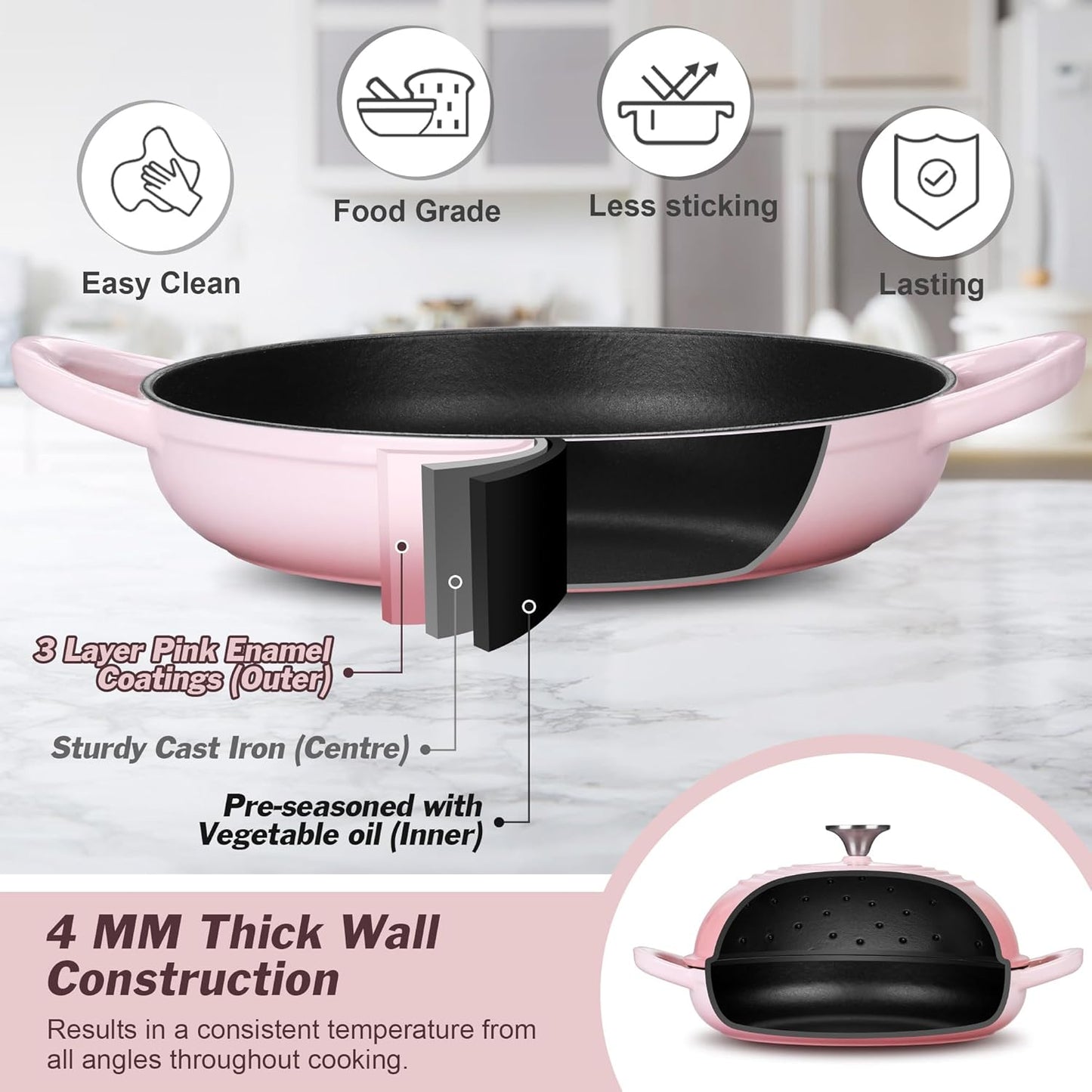 P&P CHEF Bread Dutch Oven for Sourdough, 5.5 Quart Enameled Cast Iron Dutch Oven Pot with Lid for Homemade Bread Baking, Easy to Clean & Even Heat, Pink