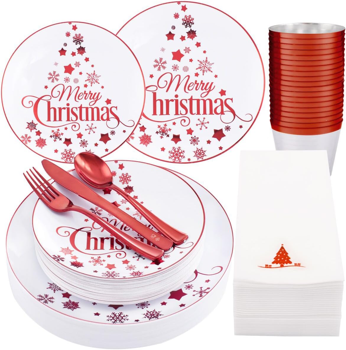 Morejoy 175PCS Christmas Plastic Dinnerware Set - White/Red Plates & Red Plastic Silverware Include 25 Plates, 25 Cups, 25 Forks, 25 Knives, 25 Spoons, 25 Napkins Perfect for Holidays