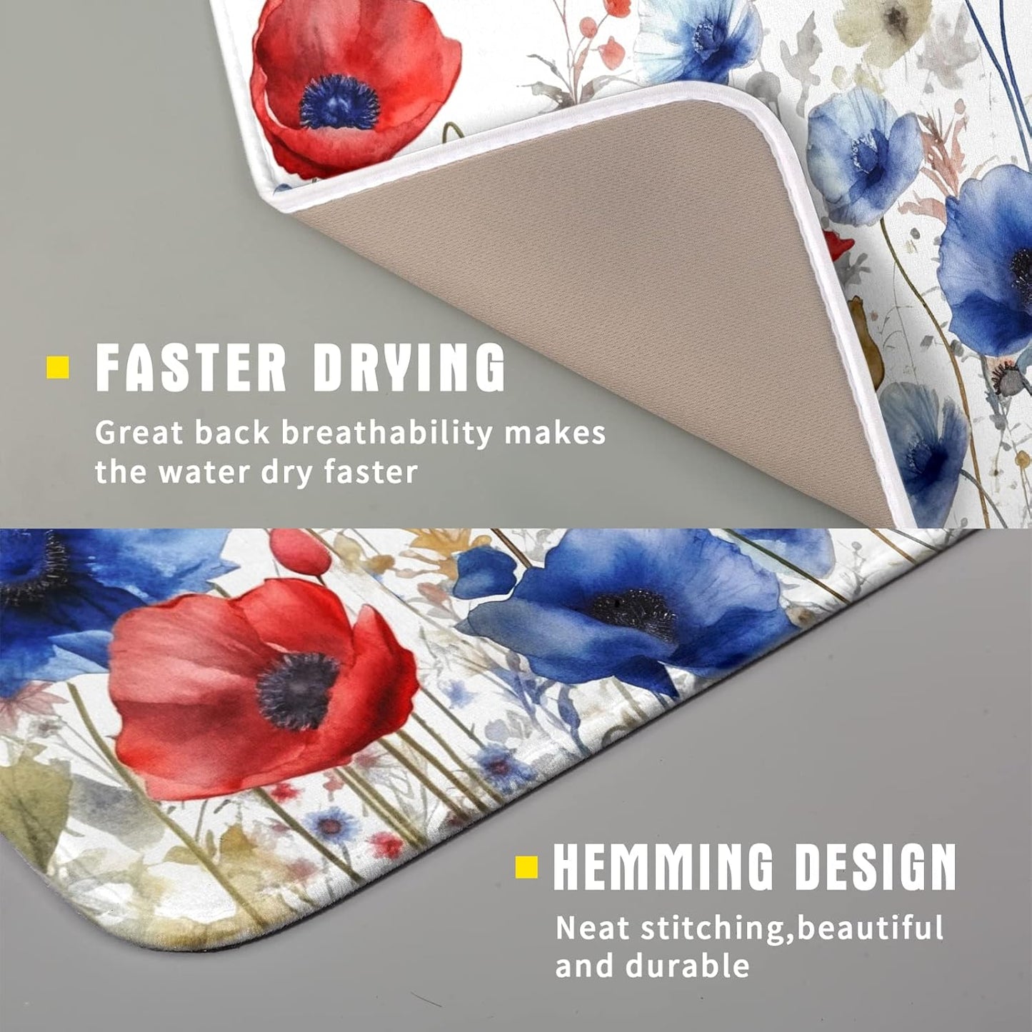 Poppy Flower Dish Drying Mat 16x18 for Kitchen Memorial Independence Day 4th of July USA Red Blue Flower Dishes Dry Pad Drainer Rack Mats Absorbent Hanging Loop Kitchen Accessories