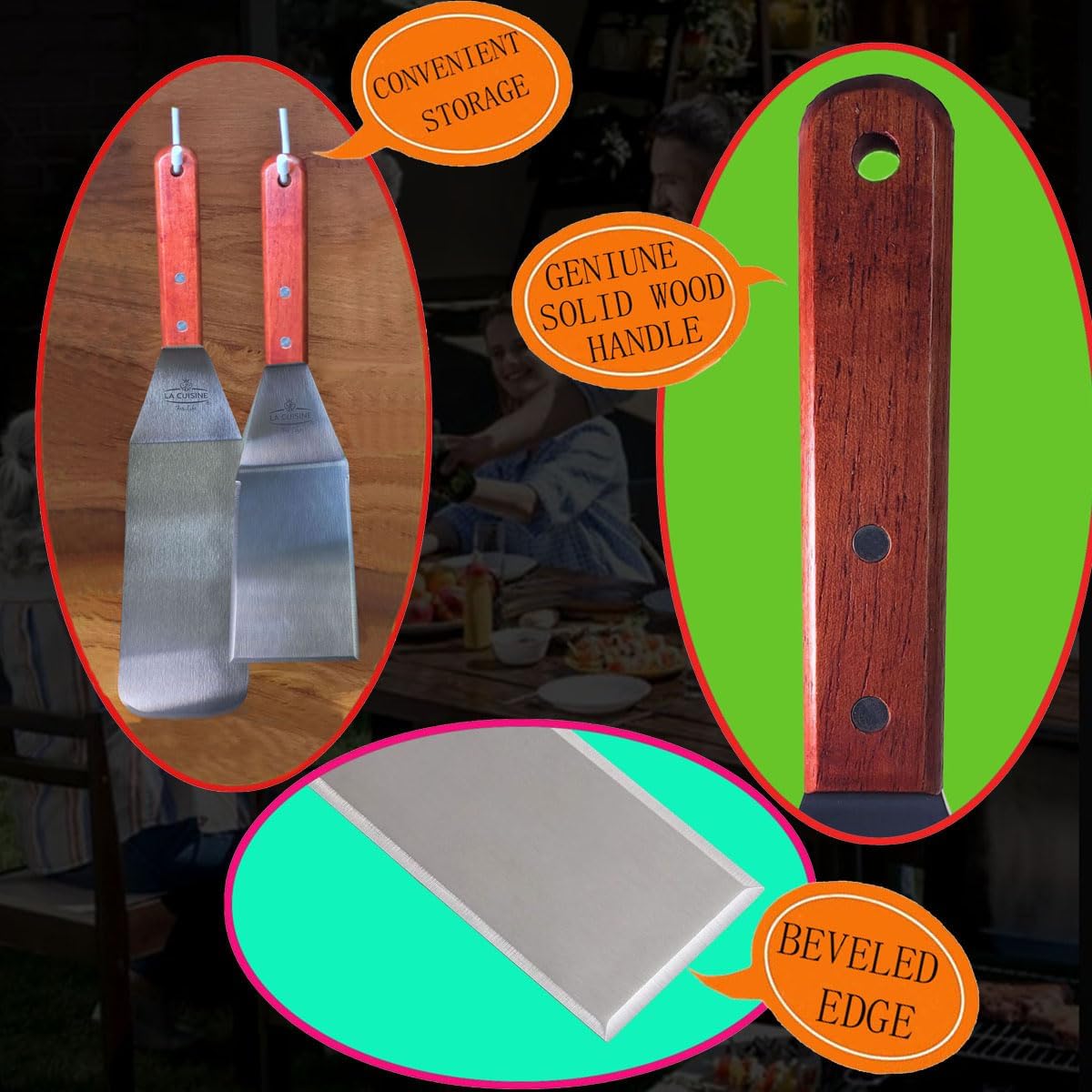 La Cuisine 3-PC SS Griddle Spatula Set - BBQ Tools Set Food Scraper for Grill Teppanyaki Flipping Patties Pancake Fish, 2 pcs SS Spatulas 1 pc Chopper/Scrapper with solid wood handle