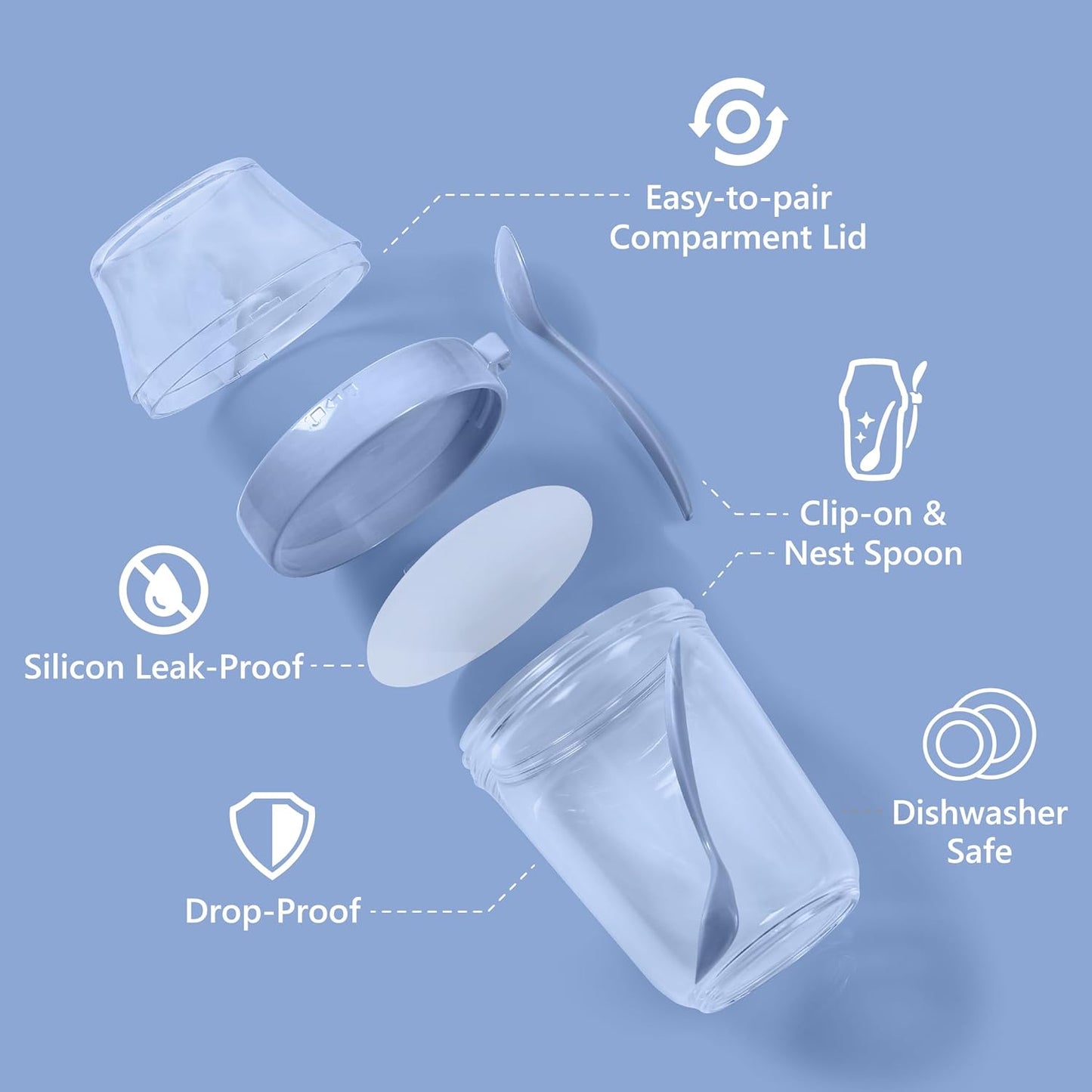 Felli On the Go Yogurt Parfait Snack Cup with Lid 100% Leak Proof, Reusable Travel Container with Spoon + Fruit & Granola Holder for To Go Cereal, Overnight Oats, Chia Pudding Jar (2, Blue Moon)