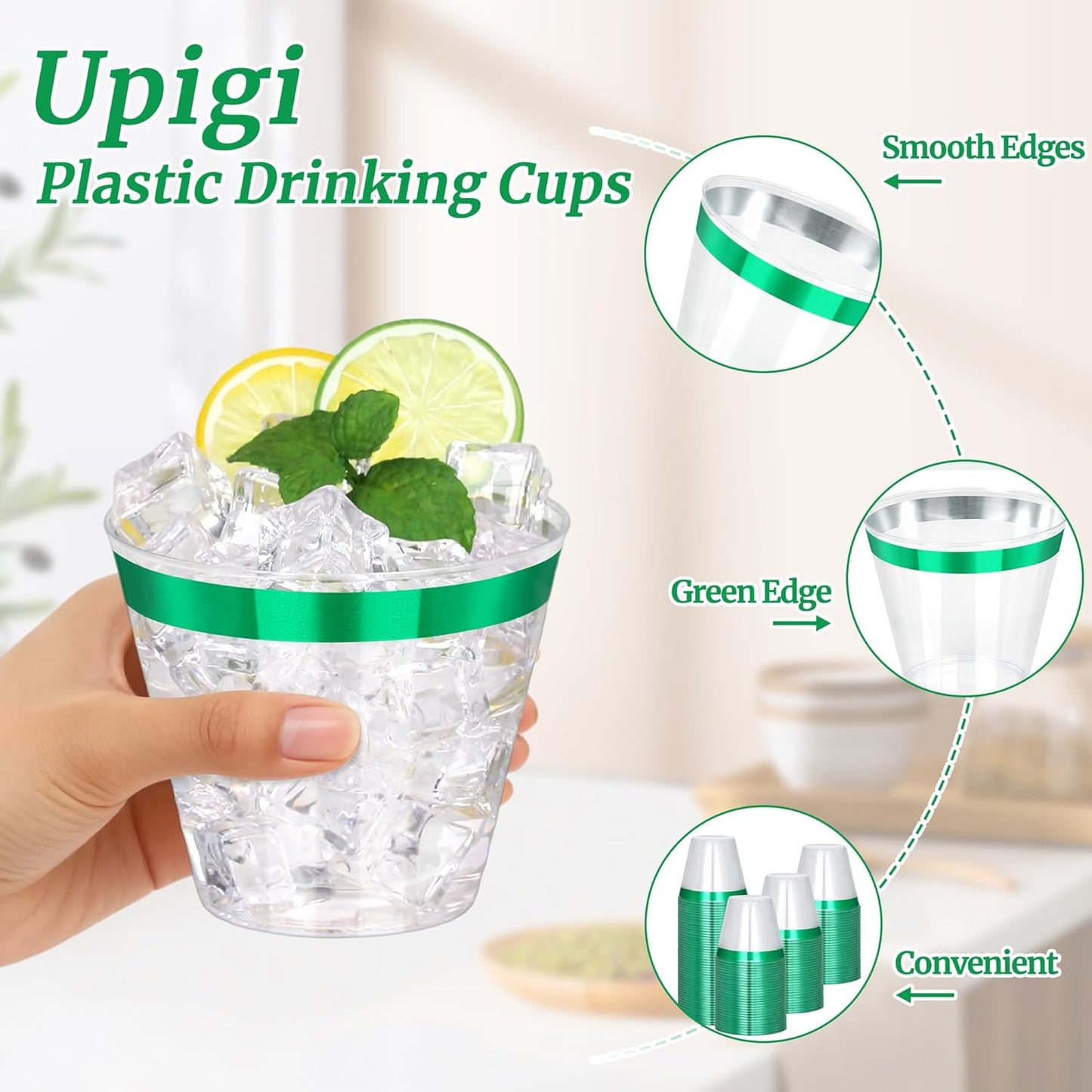 120 Pcs Green Plastic Cups,9Oz Green Rimmed Plastic Cups,Heavy Duty Clear Disposable Plasitc Cocktail Tumblers Wine Cup for Party,Wedding,Birthday,Christmas