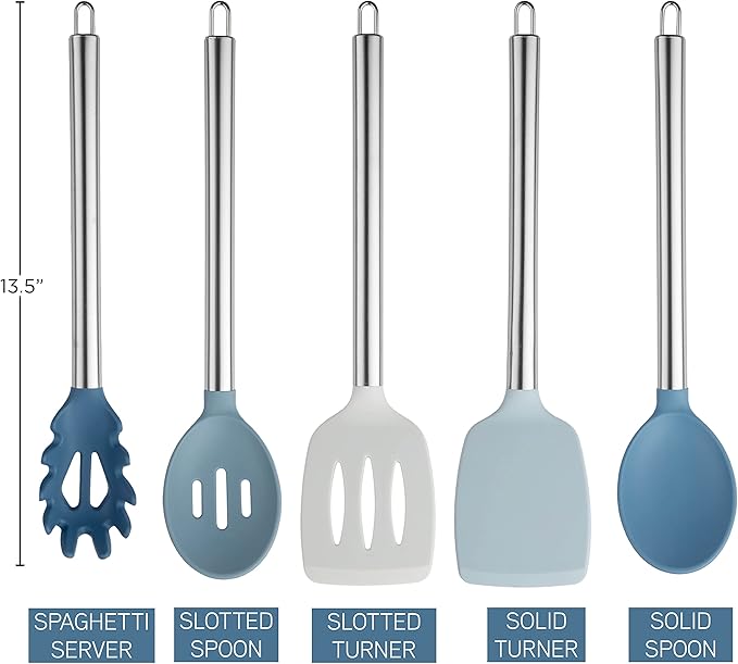 COOK WITH COLOR Silicone Cooking Utensils, Kitchen Utensil Set, Easy to Clean Silicone Kitchen Utensils, Cooking Utensils for Nonstick Cookware, Kitchen Gadgets Set, 5 Pieces, Blue and White