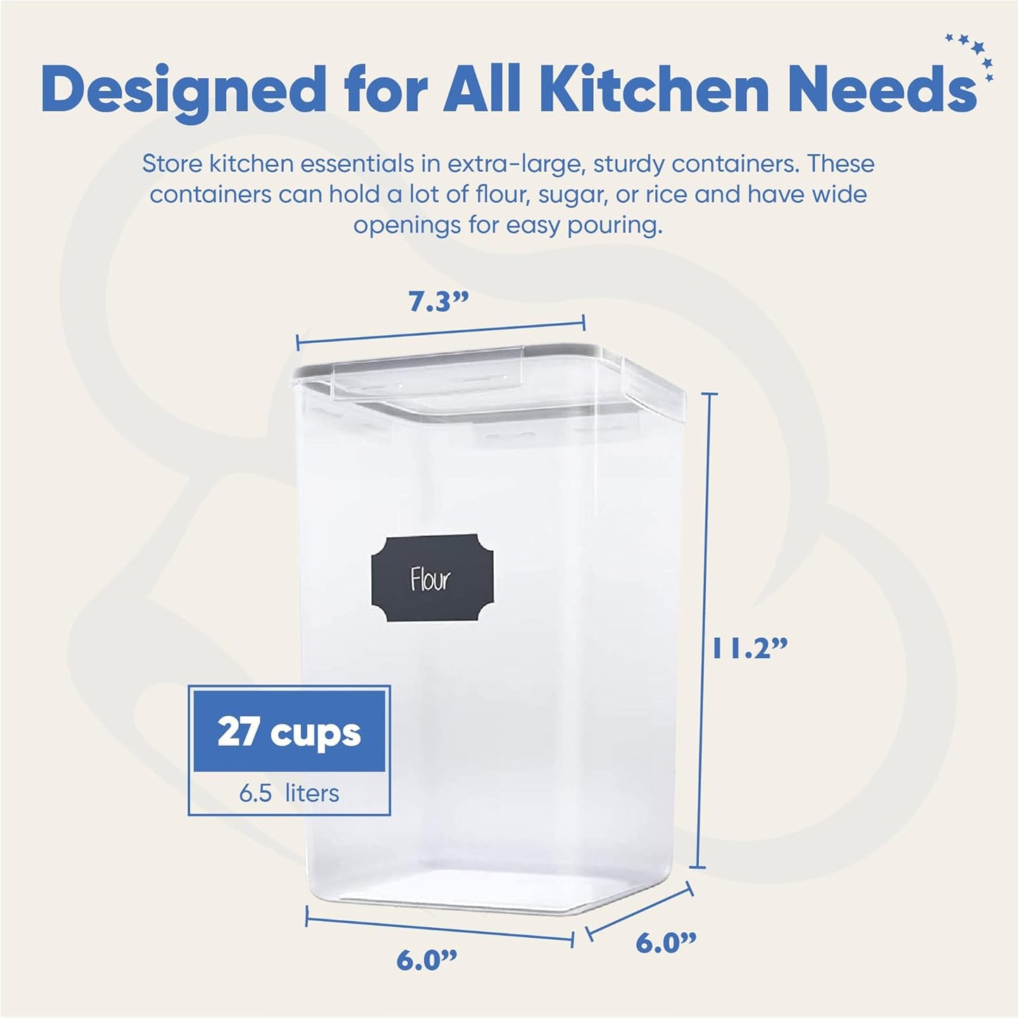 Chef's Path Extra Large Tall Airtight Food Storage Containers, Set of 4, Airtight Food Storage for Flour, Sugar, Rice, Includes Measuring Scoops, Pen, and Labels, 7qt, 220Oz, 6.5L, Transparent