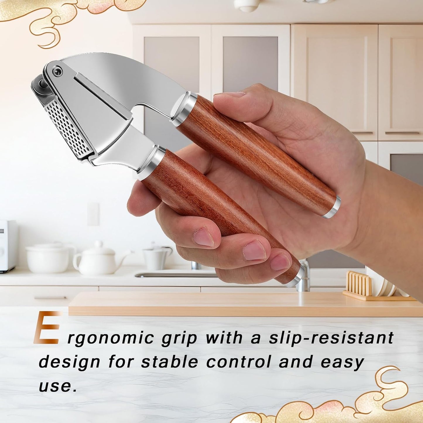 KULUNER Professional Garlic Press,Durable Garlic Clove Peeler Set That Requires No Peeling Garlic Mincer Presses Fine Garlic Paste,Upgraded Solid Wood Handle for a Comfortable Grip