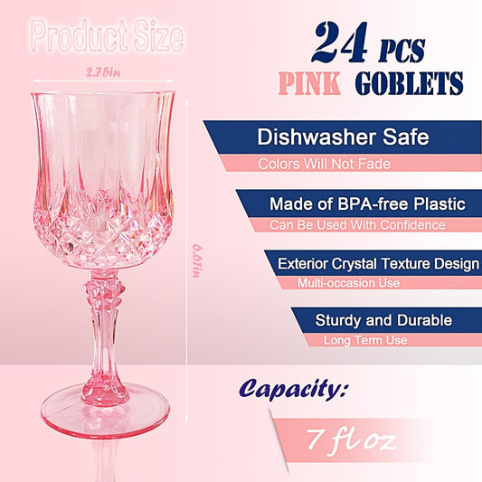 24 PCS Pink Plastic Wine Glasses,Reusable Plastic Wine Glasses,Pink Goblet Glass,Durable and Sturdy Cups Can Be Used for Various Parties Such as Weddings!