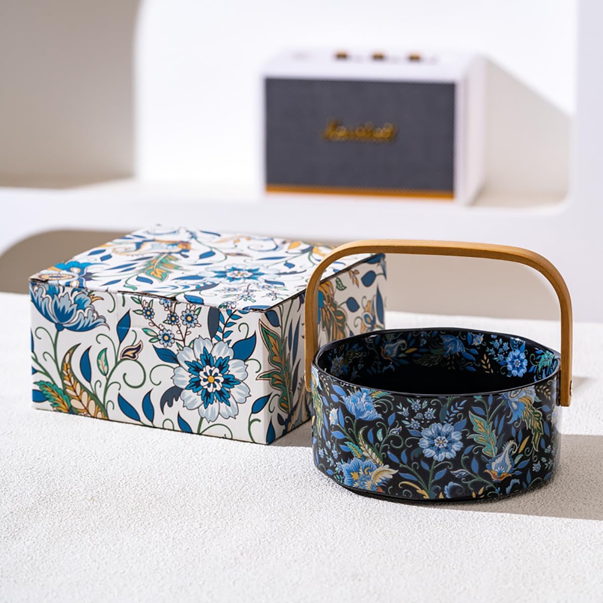 6" Ceramic Fruit Bowl with Wooden Handle Candy Dish Decorative Bowl Flower Basket Kitchen & Dining Table Office Decor(Black)