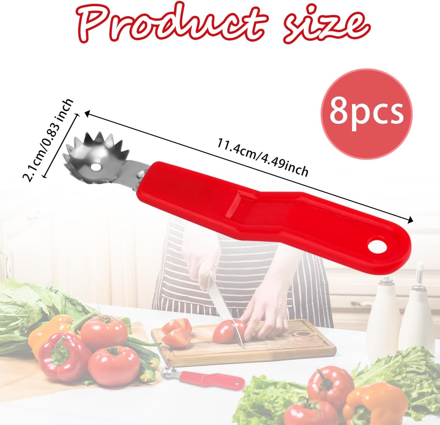 8pcs Stainless Steel Strawberry Hullers, Tomato Corer & Fruit Stem Remover Kitchen Tools for Effortless Fruit & Vegetable Prep (Red)