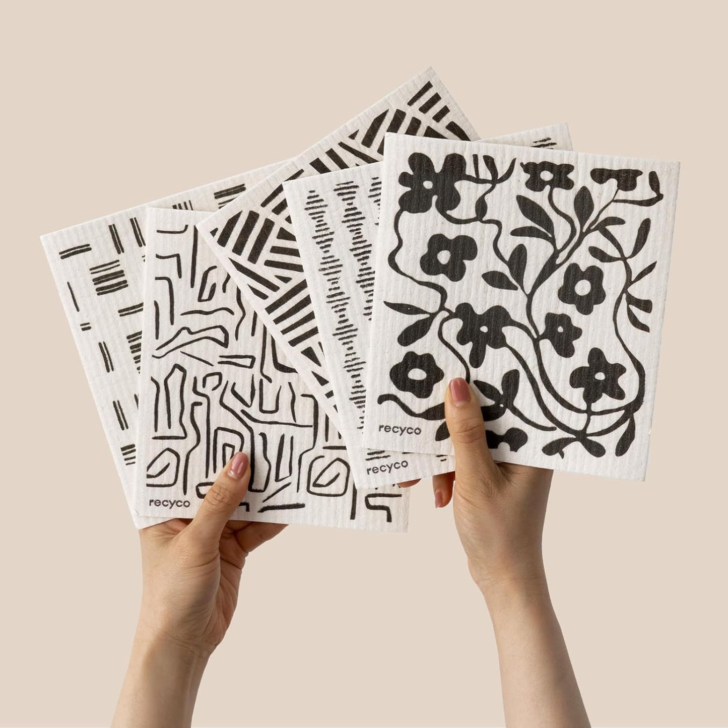 RECYCO Swedish Dishcloths for Kitchen | 5 Pack Black & White Geo Washable Dish Rags | Cellulose Reusable Cleaning Paper Towels | Absorbent Counter Dish Cloth Sponge Kitchen Wipes, 8" L x 7" W