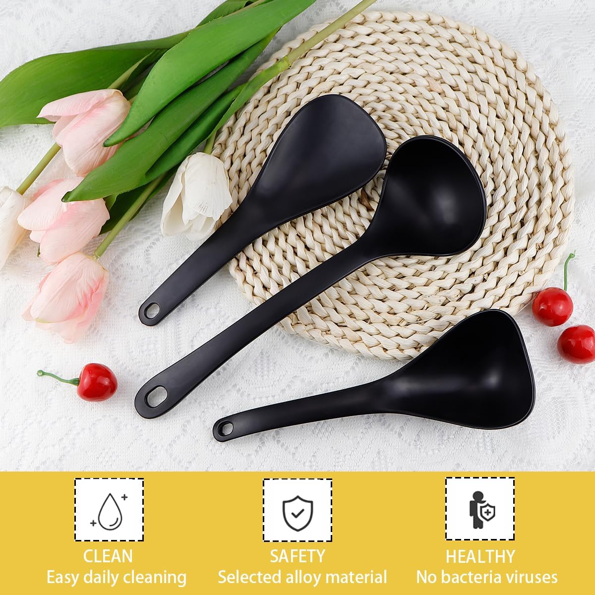 DOERDO 3Pcs Rice Paddle Spoon Soup Spoon Non Stick Rice Scooper Cooking spoon for Rice Soup Potato, Black