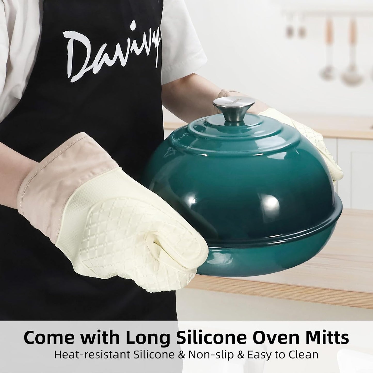 Davivy 5.5QT Cast Iron Sourdough Bread Pan with Silicone Oven Mitts, Enameled Cast Iron Bread Cloche, 10" Round Sourdough Dutch Oven with Lid, Dutch Oven for Sourdough Bread - Gradient Teal