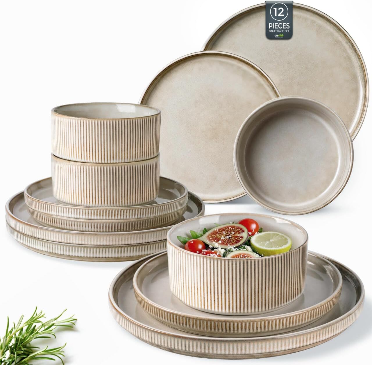 GBHOME Stoneware Dinnerware Sets for 4,Round Reactive Glaze Ceramic Plates and Bowls Set,Highly Scratch Resistant | Dishwasher & Microwave Safe Dishes Set,Service for 4(12Pcs)