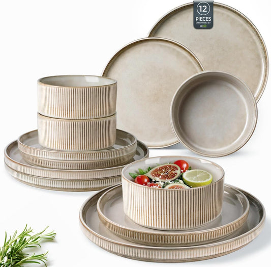GBHOME Stoneware Dinnerware Sets for 4,Round Reactive Glaze Ceramic Plates and Bowls Set,Highly Scratch Resistant | Dishwasher & Microwave Safe Dishes Set,Service for 4(12Pcs)