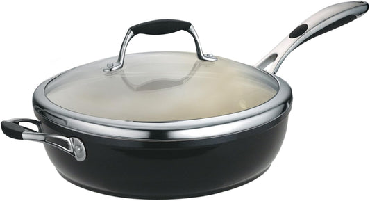 Tramontina Gourmet Ceramica Deluxe Aluminum Deep Skillet with Lid, Non Stick Frying Pan with Ceramic Interior, 11-inch, Metallic Black, Made in Italy