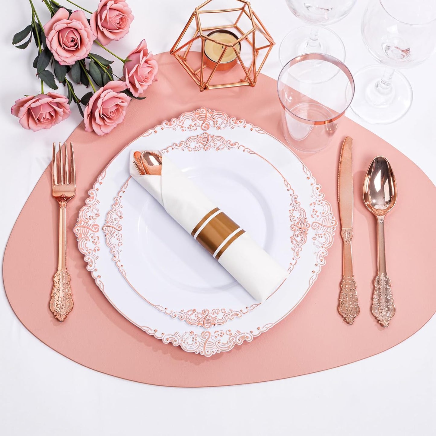 Nervure 700PCS Rose Gold Plastic Plates - Rose Gold Plastic Dinnerware Sets for 100 Guests - 200 White Disposable Plates, 300 Silverware, 100 Cups, 100 Napkins for Wedding & Party
