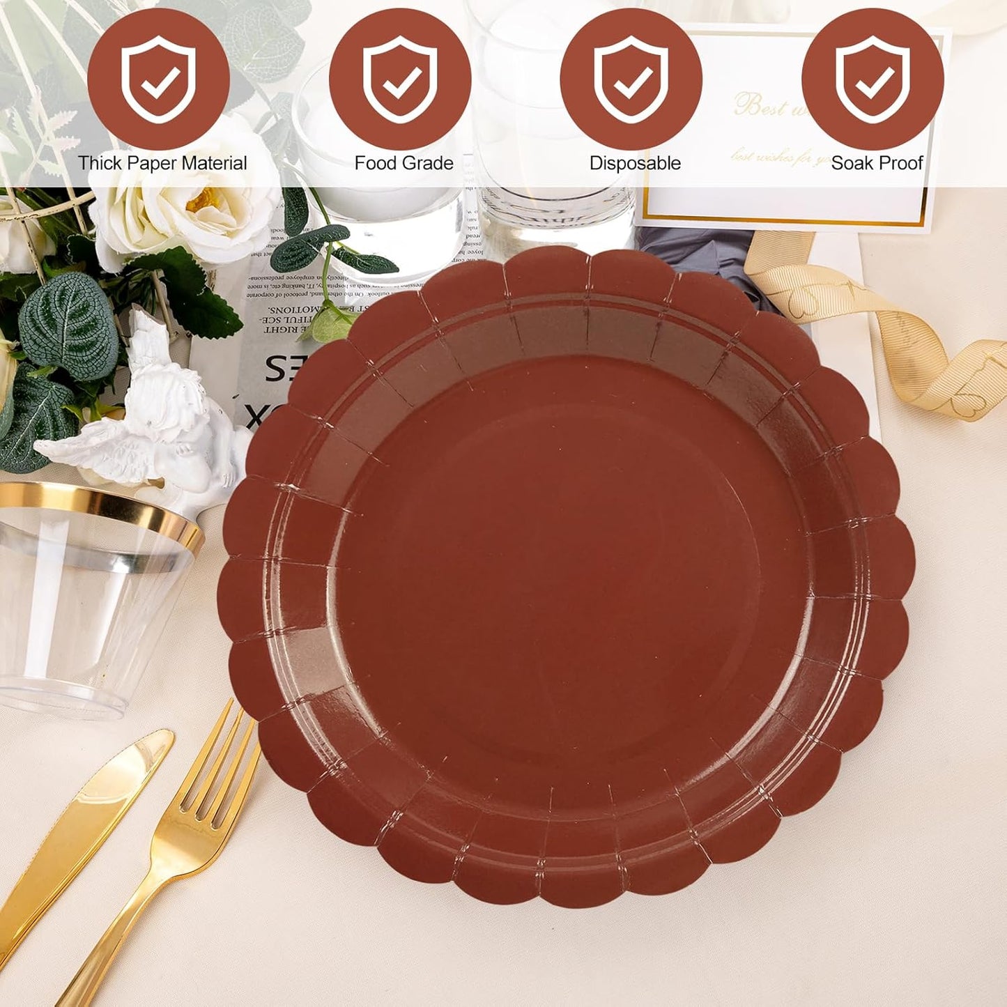 50Pcs Coffee Paper Plates-7 Inch Solid Color Scalloped Disposable Birthday Dinnerware Set Disposable Dinner Party Supplies for Christmas School Starts Wedding Baby Shower Fall Table Decor