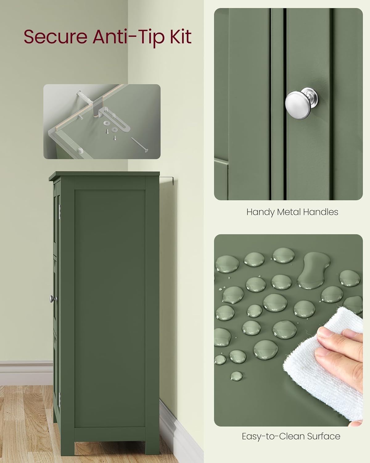 VASAGLE Floor Storage Cabinet, Freestanding Storage Unit with 3 Drawers, 1 Adjustable Shelf, for Bathroom Living Room Dining Kitchen, 11.8 x 23.6 x 31.5 Inches, Forest Green UBBC049C01