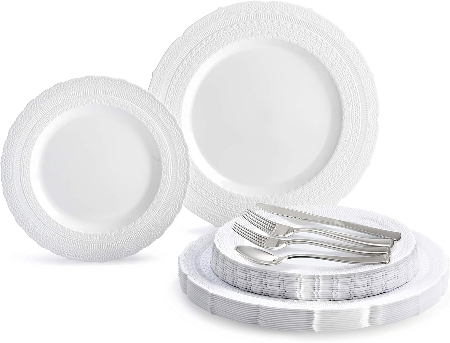" OCCASIONS " 150pcs set (25 Guests)-Extra Heavyweight Vintage Wedding Disposable/Reusable Plastic Plates (25 x 11'' + 25 x 8.25'') +Silverware (Chateau Collection in White)
