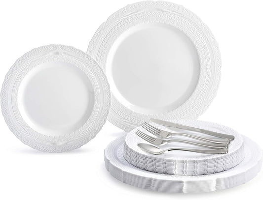 " OCCASIONS " 150pcs set (25 Guests)-Extra Heavyweight Vintage Wedding Disposable/Reusable Plastic Plates (25 x 11'' + 25 x 8.25'') +Silverware (Chateau Collection in White)