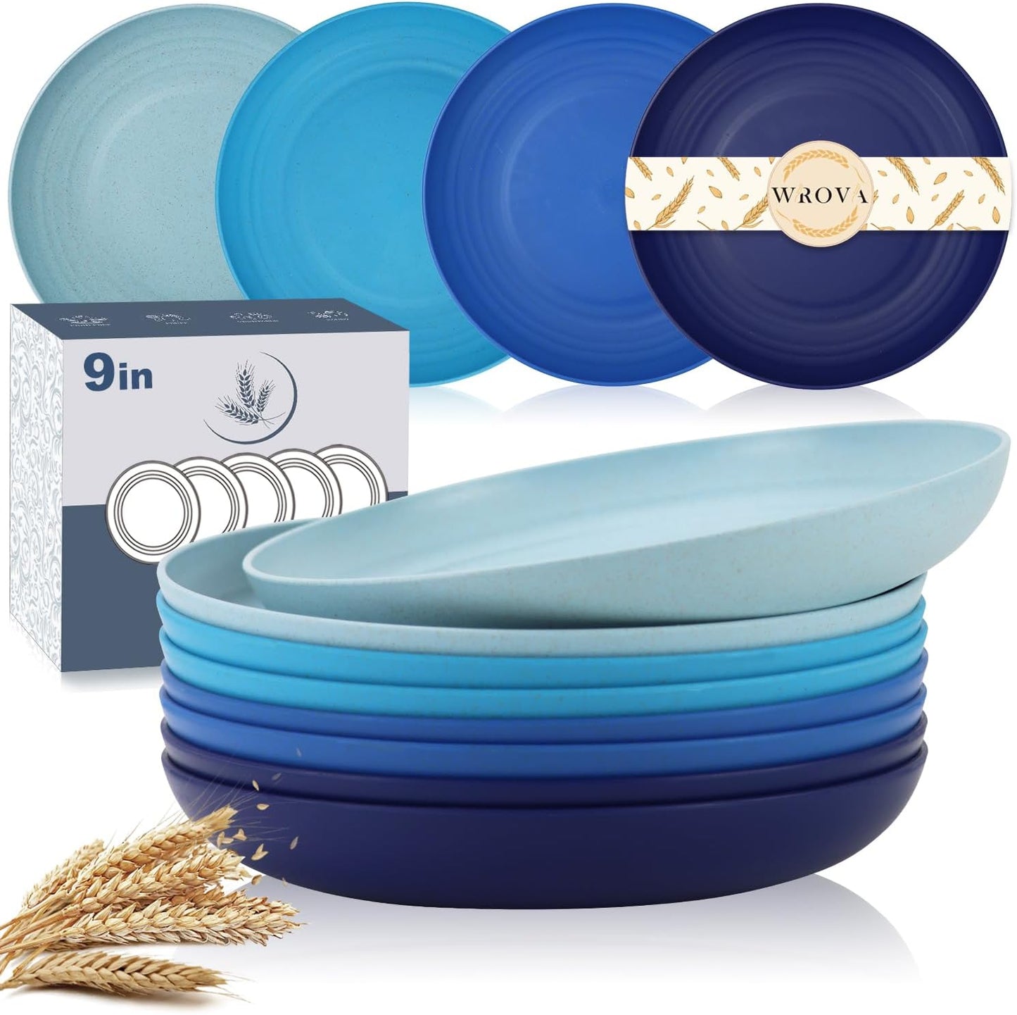 Wrova Wheat Straw Salad Plates - 9 Inch Unbreakable Dinner Set of 8 Dishwasher & Microwave Safe Plastic Reusable Lightweight for kitchen,camping (Ocean),Ocean Series:Gradient Blue