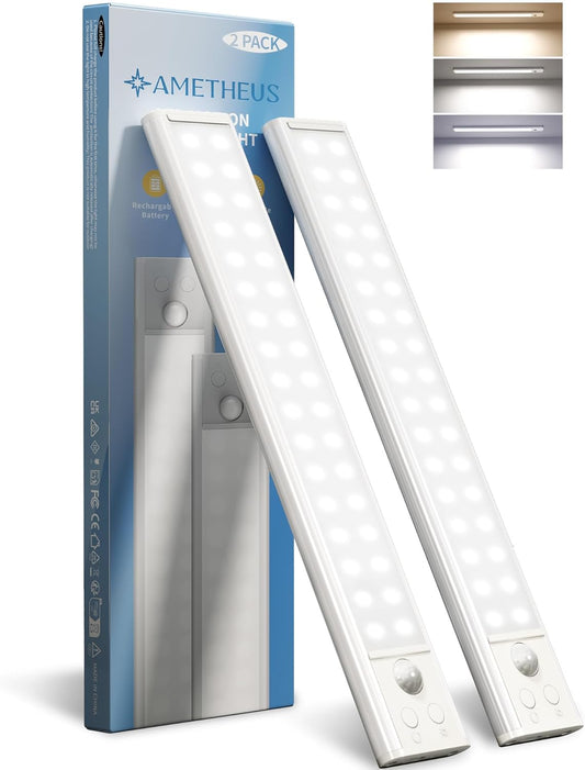 10inch Under Cabinet Lights, Wireless Closet Light, Motion Sensor, 1800mAh Rechargeable Battery, Magnetic, 3 Color Temps, 5 Levels Dimmable, Under Counter Lights for Kitchen (2 Pack)