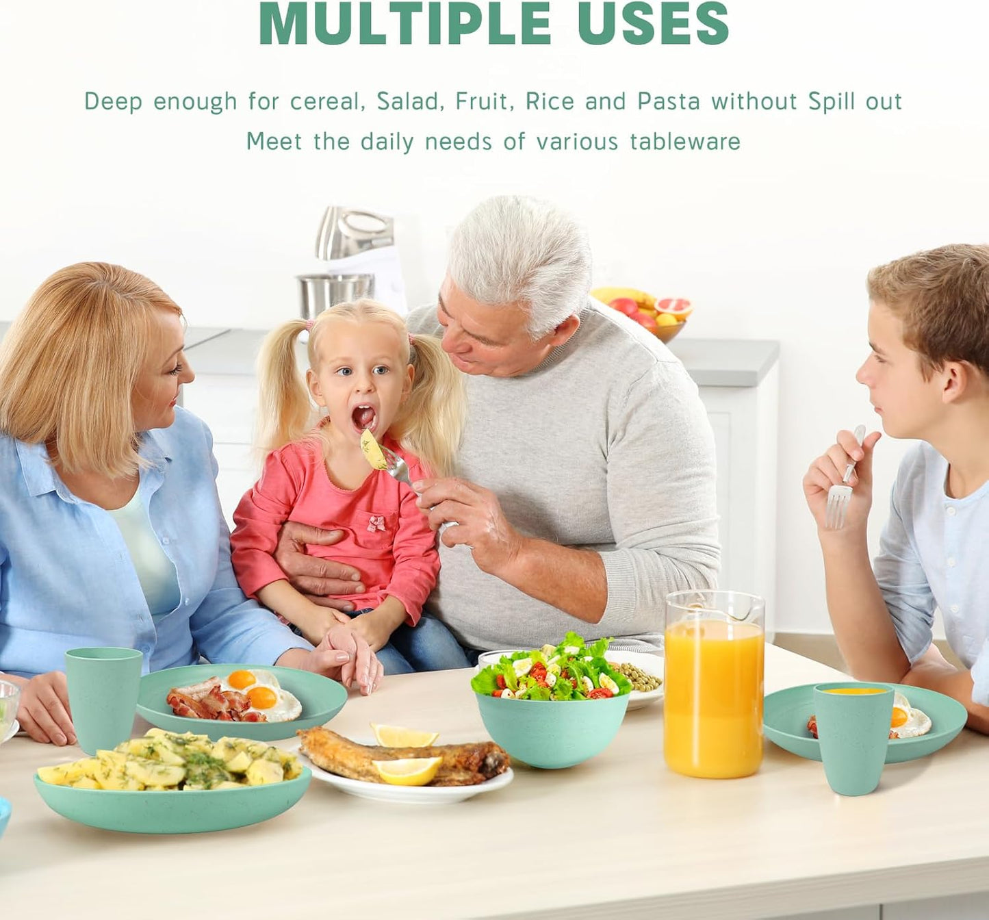 Kitchen Wheat Straw Dinnerware Sets (33pcs) Attached cleaning brush,Service For 8,Plastic Plates and Bowls Sets,Unbreakable Dinnerware,Lightweight Plastic Plate Set (Light green)