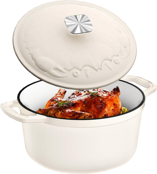 Enameled Cast Iron Dutch Oven - 5QT Dutch Oven Pot with Crab Lid & Oversized Knob & Ergonomic Handles - Heavy Duty Cookware for Braising, Stews, Roasting, Bread Baking - Cream White