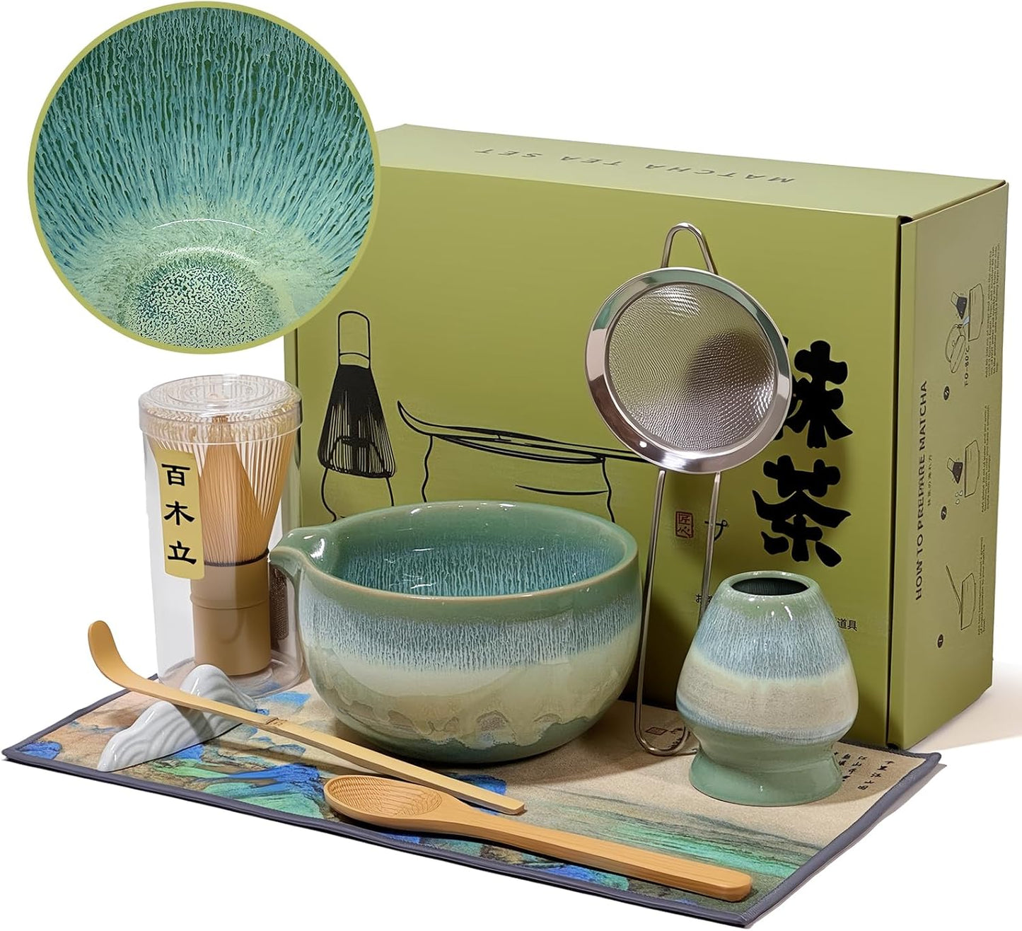 Matcha Whisk Set with Ceramic Bowl - Bamboo Whisk (Chasen), Scoop, Sifter & Holder - Complete Kit for Traditional Matcha Tea - Unique Gifts for Women, Men, Tea Lovers (Green)