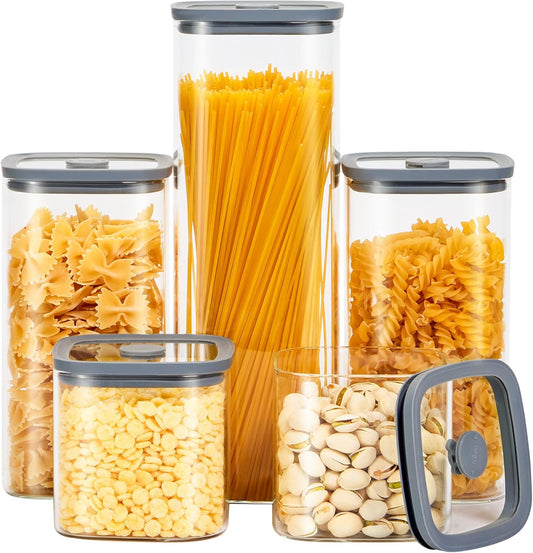 Square Glass Food Storage Jars with Lids[Set of 5], Perfect for Pasta, Cookies, Nuts, Coffee, Cereal, Flour,Organize Your Kitchen with these BPA-Free Glass Jars with Silicone Lids