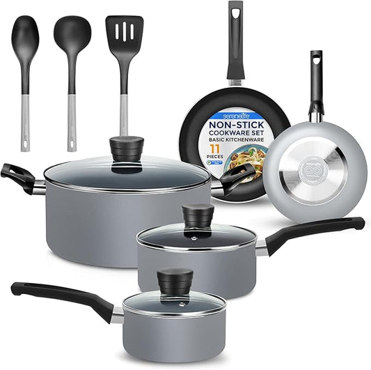 SereneLife Kitchenware Pots & Pans Basic Kitchen Cookware, Black Non-Stick Coating Inside, Heat Resistang Lacquer (11 Piece set), One Size, Gray