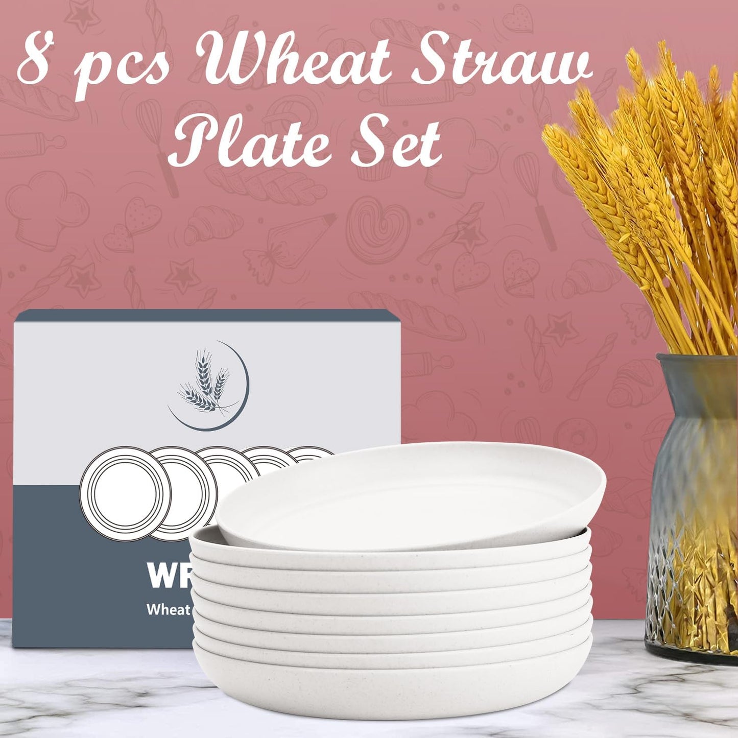 Wheat Straw Plates - 8 Inch Unbreakable Dinner Plates Set of 8 - Dishwasher & Microwave Safe Plastic Plates Reusable for Kitchen,R.V. (White)
