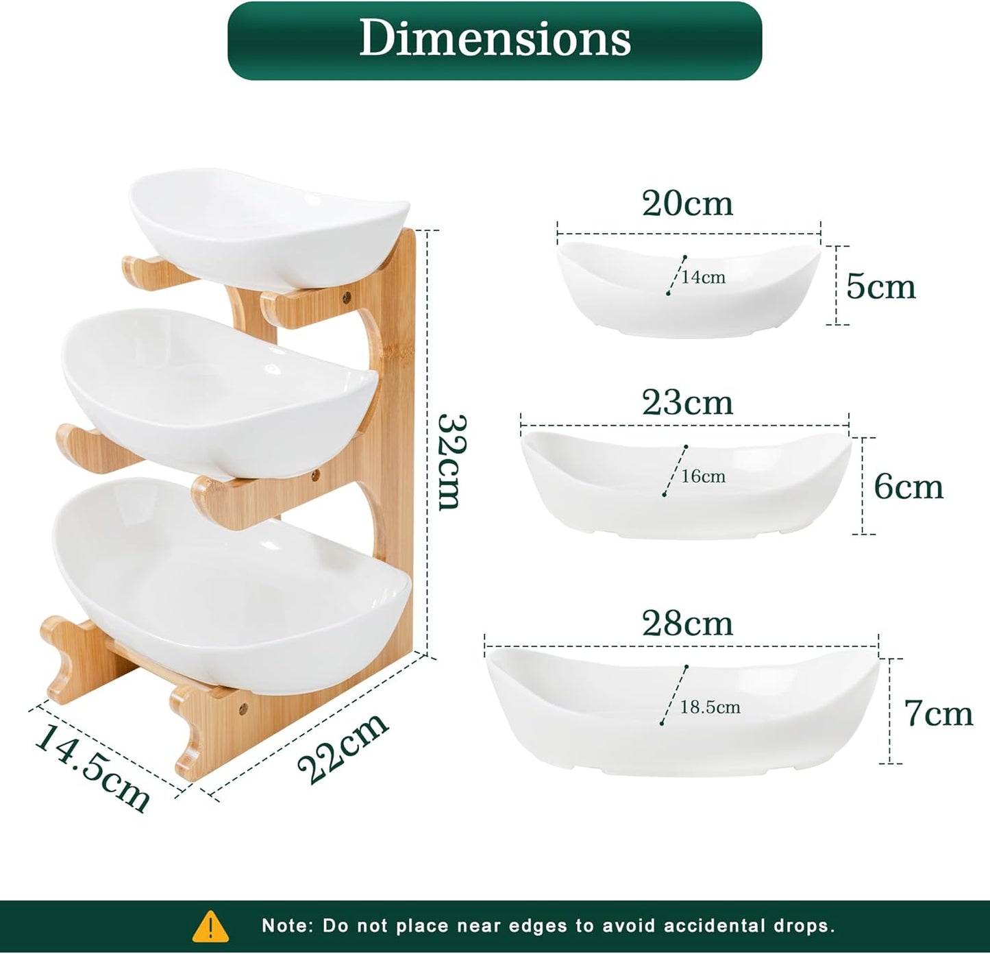 SEVEN SPARTA Fruit Bowl for Kitchen Counter - 3 Tier Ceramic Serving Bowls with Bamboo Stand, Tiered Fruit Basket for Fruit Vegetable Storage, Cake, Dessert, Nuts, Snack, Salad (Dishwasher safe)