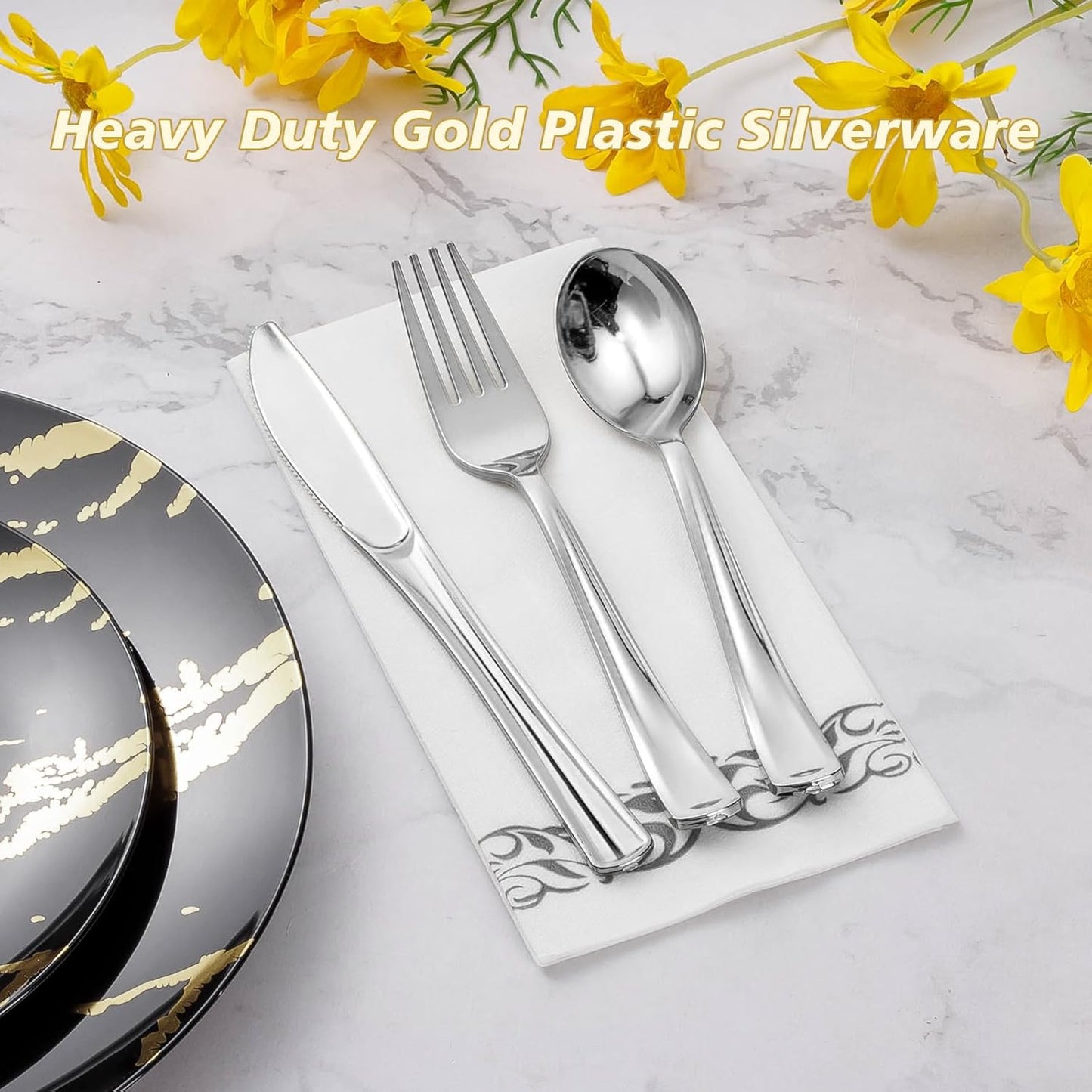 Goodluck 150PCS Silver Plastic Silverware, Silver Utensil Disposable, Plastic Cutlery Set of 50 Forks, 50 Spoons, 50 Knives for Wedding, Party, Christmas