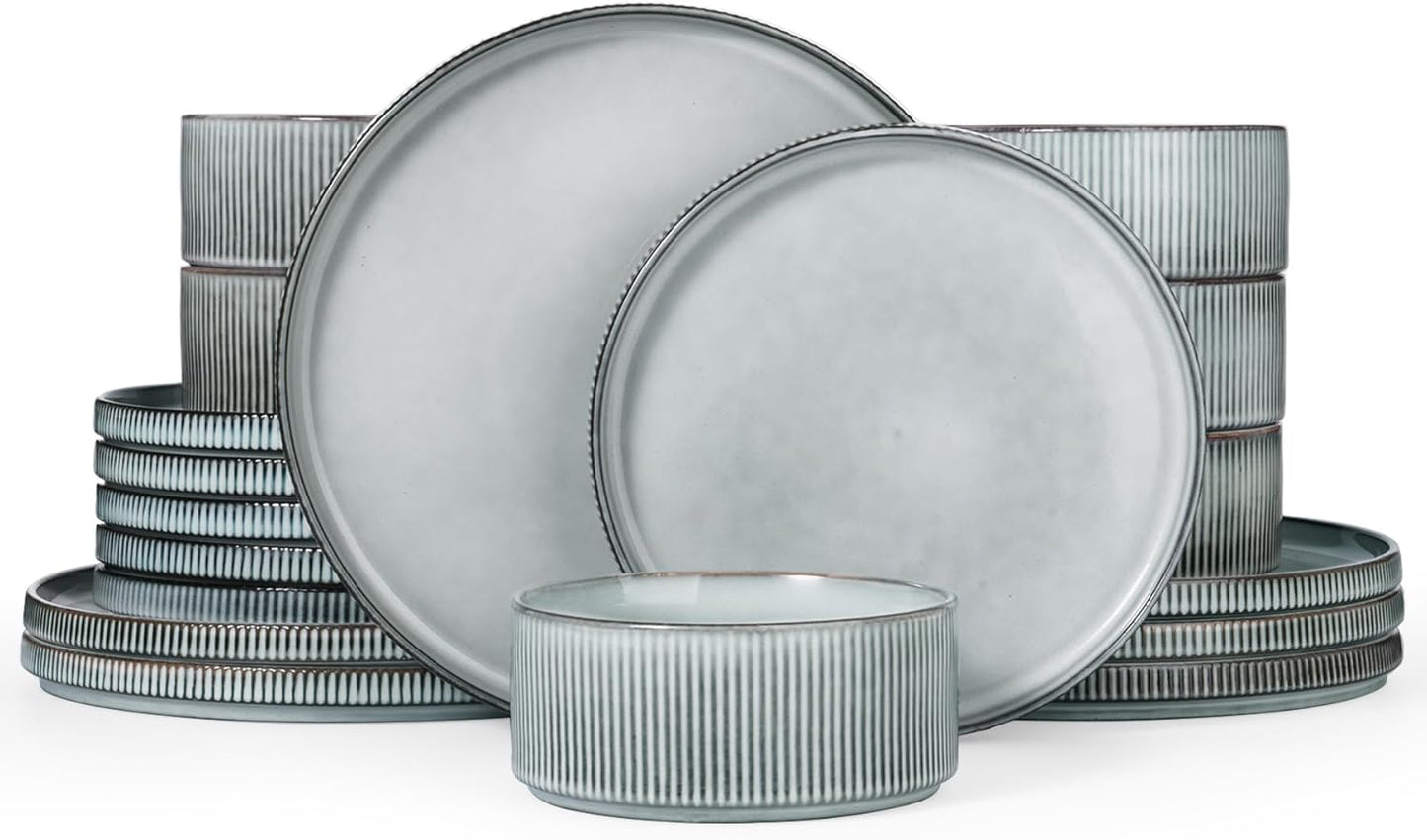 Famiware Star Plates and Bowls Sets, Modern Stoneware Dinnerware Sets for 6, 18-Piece Kitchen Dish Set - Chip and Scratch Resistant, Microwave and Dishwasher Safe Tableware, Smoky Blue