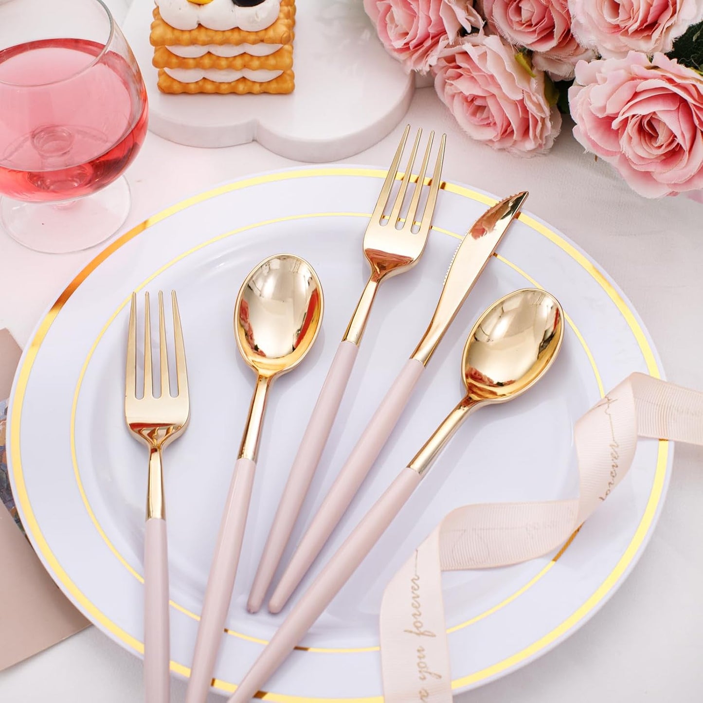 I00000 60 Pack Pink Plastic Silverware,Gold Disposable Flatware with Pink Handle, Gold Plastic Cutlery Set Includes: 20 Forks, 20 Knives and 20 Spoons, Tableware Set for Party and Wedding