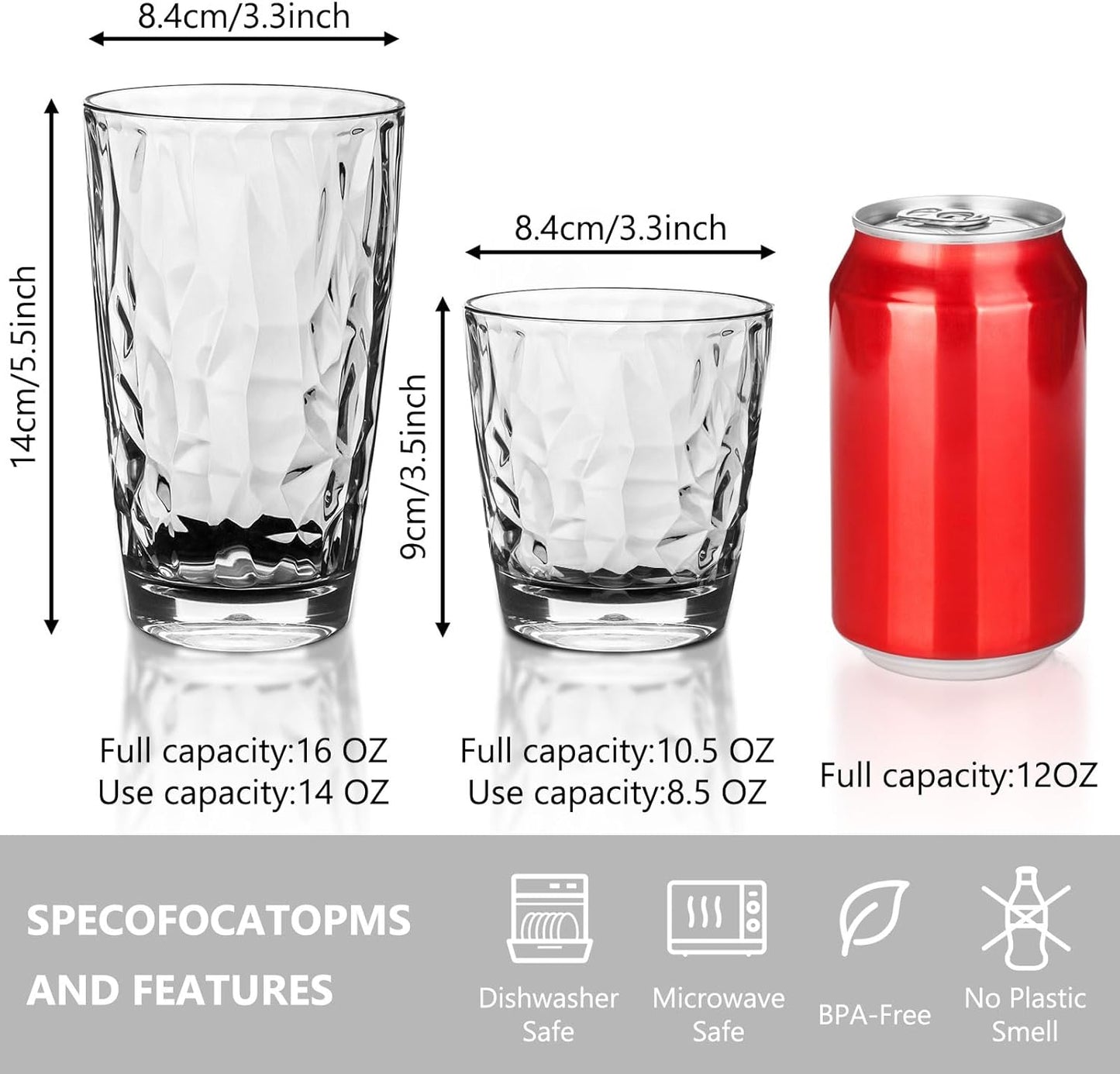 Topsky Reusable Plastic Cups, Shatter Proof Drinking Glasses, Unbreakable Tumblers for Home, Picnic, Party - Dishwasher Safe, Stackable | 10-oz, 16-oz