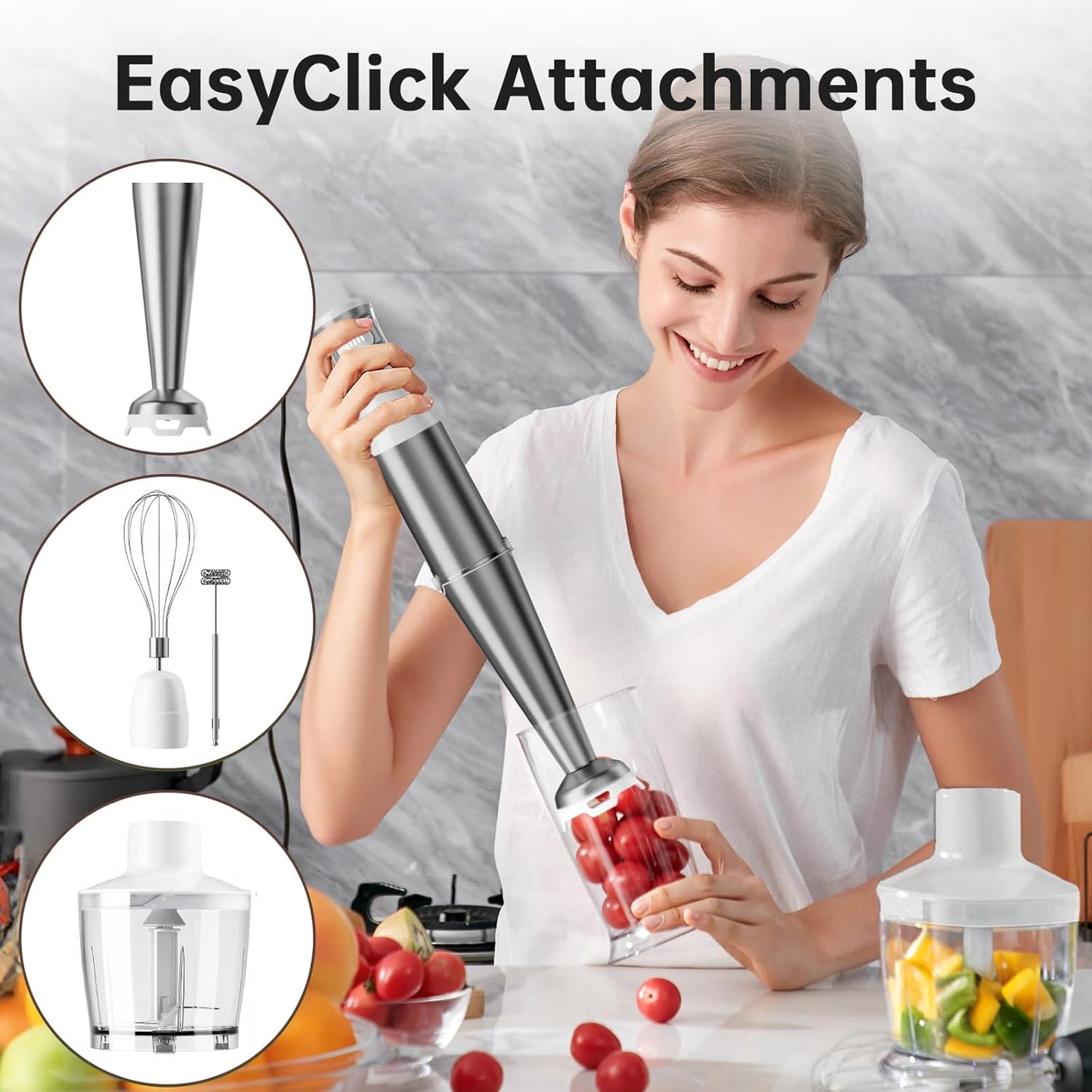 Immersion Blender Handheld Corded Hand Blenders Set 1100W, Trigger Variable Speed 5 in 1 Stick Emulsifier with Chopper, Whisk and Frother for Soup, Baby Food and Smoothies, White