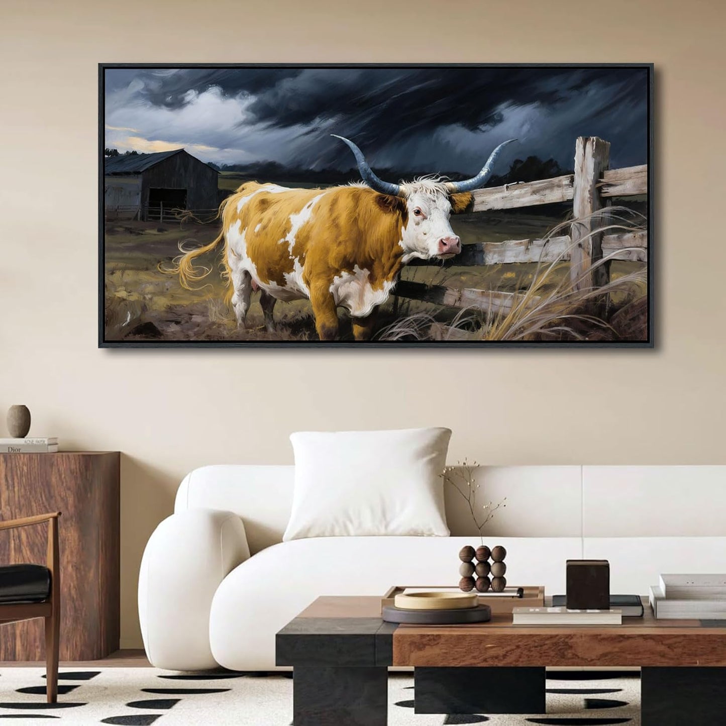 Highland Cow Wall Art - Rustic Pictures for Living Room,Framed Country Wall Decor, Vintage Artwork for Walls, Longhorn Cow wall Decor - Large Farmhouse Canvas for Bedroom 24×48IN
