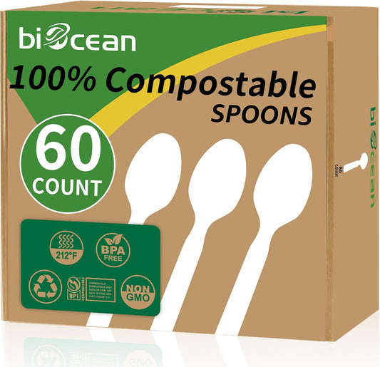 100% Compostable Spoons 60 Count Disposable Soup Spoons Heavy Duty Utensils Disposable Silverware Eco Friendly Flatware for Party Camping Picnics Wedding-Ivory White