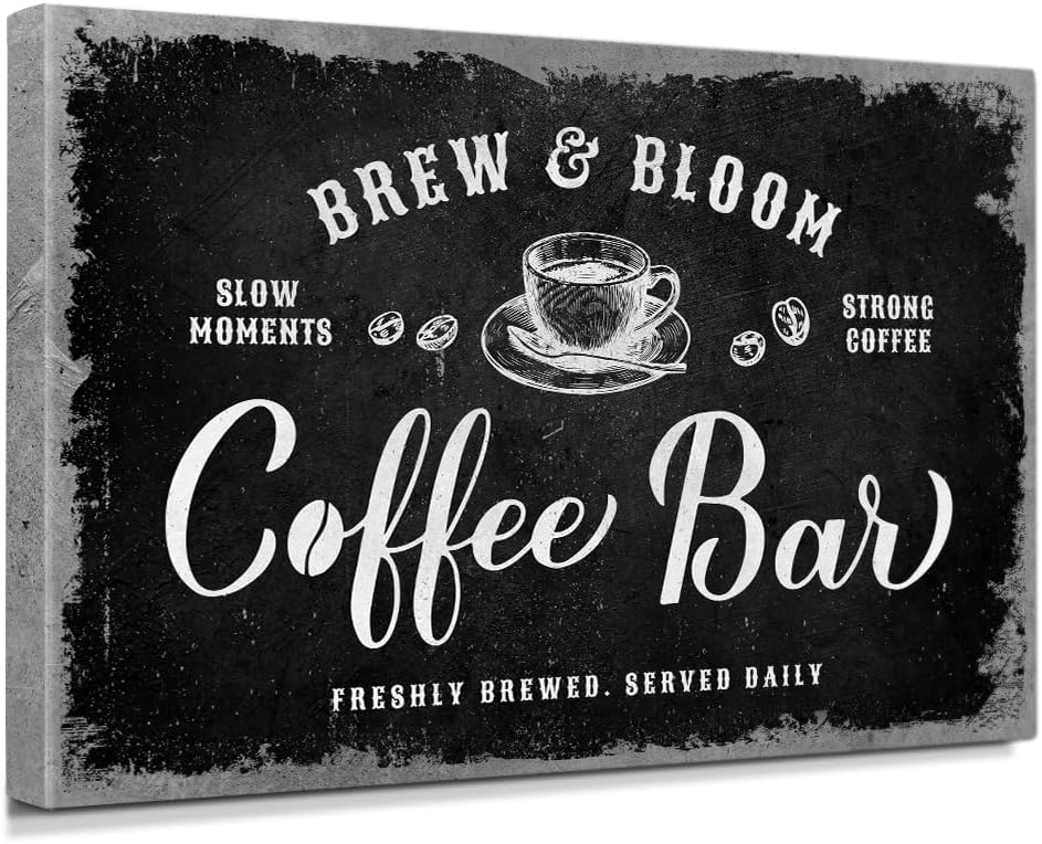 IPIC - Rustic Coffee Bar Sign Brew and Bloom, Large Canvas Print Wall Art for Home Kitchen, Vintage Style Wall Decor for Coffee Station or Cafe, Made in USA