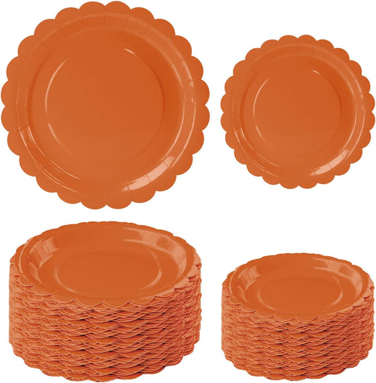 50 Pcs Orange Scalloped Paper Plates 25 × 7'' and 25 × 9'' Disposable Orange Scalloped Dinner Plates for Wedding Baby Shower Birthday Thanksgiving Party Fall Dessert Plate
