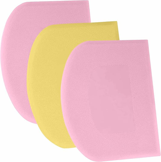 SURDOCA Dough Scraper Bench Scraper - 3P 8.3x5.5" Plastic Flexible Bowl Scraper, Sharp Edge & Angles Cake Scraper. Non-Slip Bakeware Decorating Tools Sculpting & Modeling Tools - Pink+Yellow+Pink