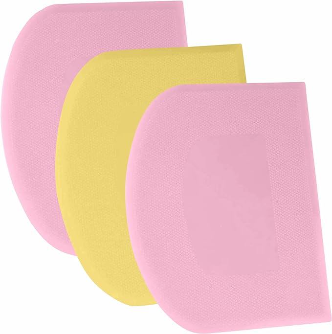 SURDOCA Dough Scraper Bench Scraper - 3P 4.7x3.7" Plastic Flexible Bowl Scraper, Sharp Edge & Angles Cake Scraper. Non-Slip Bakeware Decorating Tools Sculpting & Modeling Tools - Pink+Yellow+Pink